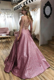 Sparkle  A-line Scoop Spaghetti Straps Sweep Train Prom Dress with Pockets