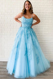 Yellow Tulle Spaghetti Straps Scoop A-Line Prom Dresses with Appliques
