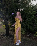 Sexy Mermaid Silk Satin Evening Dress Long Yellow Prom Dress Y7304