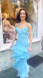 Elegant Spaghetti Straps Blue Ruffle Chiffon Prom Dress Backless Evening Dress Y8267