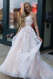 Yellow Tulle Spaghetti Straps Scoop A-Line Prom Dresses with Appliques