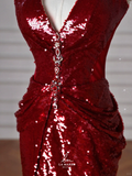 Sexy Burgundy Sequins Halter V Neck Evening Dress Backless Mermaid Evening Dress Y8628