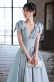 Cute Blue Satin Long Prom Dress A-Line Blue Evening Dress Y4549