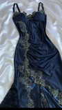 Vintage Navy Blue Satin Lace Appliques Mermaid Evening Dress Prom Dress Y8497
