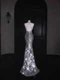 Sparkly Silver Deep V Halter Sequins Beaded Backless Evening Dress Mermaid Prom Dress Y8687