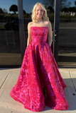 Chic Satin Print Floral Evening Dress Hot Pink Strapless A Line Prom Dress With Pockets Y8036