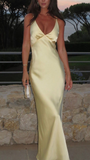 Sexy V Neck Yellow Satin Evening Dress Long Prom Dress Y7882