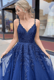 Tulle Lace A-line V-neck Prom Dresses, Long Formal Dresses