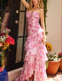 Pretty Strapless Chiffon Print Floral Layered Evening Dress Slit Prom Dress Y7881