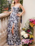 Pretty Strapless Chiffon Print Floral Layered Evening Dress Slit Prom Dress Y7881