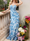 Pretty Strapless Chiffon Print Floral Layered Evening Dress Slit Prom Dress Y7881