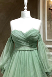 Bling Green Tulle Puffy Sleeves Formal Dresses A Line Green Long Evening Gown Y7981
