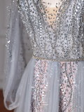 Classy Blue V Neck Sequins Beaded Tulle Prom Dress A Line Backless Evening Dress Y8644