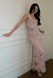 Classy Pink Chiffon Print Floral Long Evening Dress Sheath Prom Dress Y8273