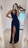 Simple V-Neck Long Prom Dress Evening Dress with Slit Y6773