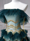 Vintage Dark Green Tulle Sequins Layered A Line Prom Dress Strapless Evening Dress Y8606