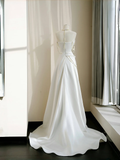 Classy Strapless Satin Pearls Chain White Prom Dress A Line Evening Dress Y8684