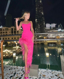 Elegant Hot Pink Strapless Evening Dress With Feathers Y6728