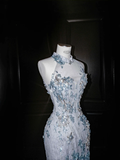 Dream Blue Tulle Sequins Appliques Mermaid Evening Dress Long Prom Dress Y8673