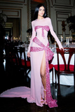 Gorgeous Pink Chiffon Sequins Big Bow Split Evening Dress Long Prom Dress Y8474
