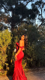 Elegant Off The Shoulder Mermaid Evening Dress Red Satin Prom Dress Y8221