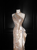 Glitter Champagne Gold Sequin Sheath Prom Dress Halter Long Evening Dress Y8653