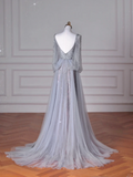 Classy Blue V Neck Sequins Beaded Tulle Prom Dress A Line Backless Evening Dress Y8644
