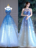 Gorgeous Blue Tulle Sequins Beaded Evening Dress Shiny Formal Prom Dress Y8352