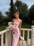 Pink Strapless Pleated Slit Prom Dress Sheath Long Party Evening Gown Y8085