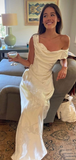 Classy Satin Print Floral White Long Prom Dress Off The Shoulder Mermaid Evening Dress Y8552