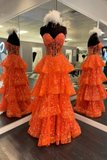 Chic Orange Strapless A-Line Lace Layered Appliques Prom Dress Slit Evening Dress Y7885