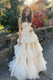 Champagne A-Line Spaghetti Straps Ruffles Formal Evening Dresses Long Prom Dress Y6801