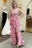Tulle A-line Lace Appliques Ruffled Tiered Prom Dresses With Slit