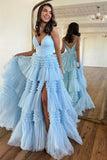 A-Line Spaghetti Straps Long Tiered Tulle Prom Dress With Split