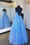 Elegant Straps Blue Applique Formal Dress Prom Dress Evening Dress Y5890