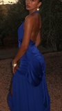 Sexy Halter Backless Blue Long Prom Evening Dress Y7889