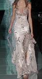 Vintage Deep V Satin Sequins Embroidered Prom Dress Mermaid Slit Evening Dress Y8415