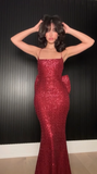 Elegant Burgundy Sequins Mermaid Evening Dress Backless Long Prom Dress With Bow Y8510