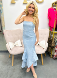 Chic Strapless Mermaid Evening Dress Blue Satin Print Prom Dress Y8234