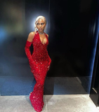 Black Girl Sexy Halter Sequin Red Prom Dress Long Mermaid Evening Dress Y7822