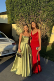 Classy Green Satin Pleated Prom Dress A Line Evening Dress Y7815