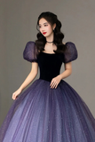 Purple Tulle Short Sleeve Formal Dress Cute A-Line Evening Dress Y4291