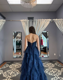 Sparkly Tulle Sequins Evening Dress Navy Blue A Line Prom Dress Y8146