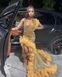 Luxury Gold Beaded Prom Dress for Black Girls Crystal Mermaid Formal Evening Dress Side Slit Evening Dress Y6624