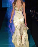 Vintage Deep V Satin Sequins Embroidered Prom Dress Mermaid Slit Evening Dress Y8415