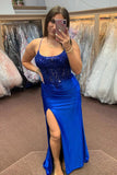 Royal Blue Lace-Up Mermaid Satin Long Prom Dress with Slit