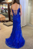Tulle Mermaid V-neck Spaghetti Straps Prom Dresses With Slit