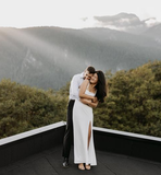 Simple Square-Neck White Satin Side Slit Long Evening Dress Formal Prom Dress Y8455