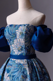 Blue Printed Long A-Line Prom Dress Blue Off the Shoulder Formal Evening Dress Y4605
