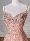 Glitter Pink Tulle Sequins Beaded Prom Dress Spaghetti Straps A Line Evening Dress Y8619